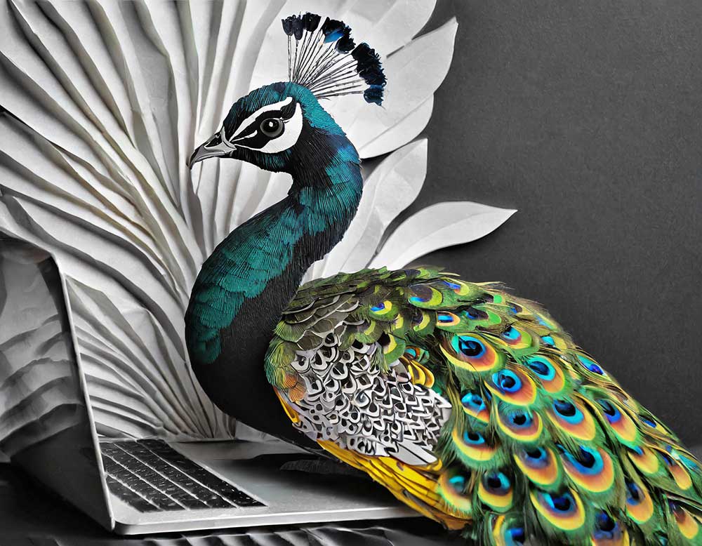 layered paper illustration of a black and white abstract background and a laptop with a colorful peacock in front of it
